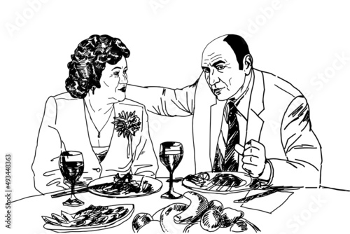 Couple man and woman have dinner, retro. Sketch. Vector illustration