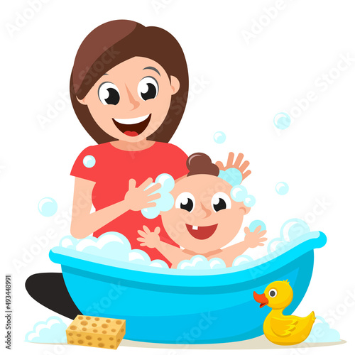 Mom bathes a newborn baby in a bath on a white background.