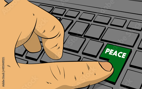Peace word on computer keyboard. Man push keypad on laptop. Comic book style concept.