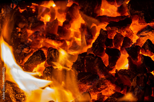 Close up photo on red coals in bonfire