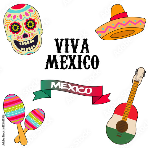 Viva Mexico text, Cinco de mayo celebration symbols. Skull, Maracas, Guitar, Sombrero icons. Independence day vector illustration. © OsherR