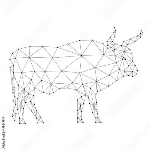 Bull, symbol of horoscope according to Eastern calendar, from abstract futuristic polygonal black lines and dots. Vector illustration.