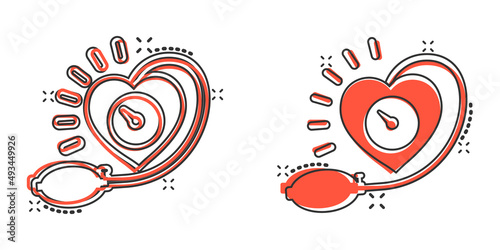 Arterial blood pressure icon in comic style. Heartbeat monitor cartoon vector illustration on isolated background. Pulse diagnosis splash effect sign business concept.