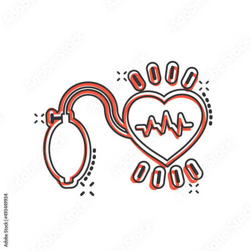 Arterial blood pressure icon in comic style. Heartbeat monitor cartoon vector illustration on isolated background. Pulse diagnosis splash effect sign business concept.