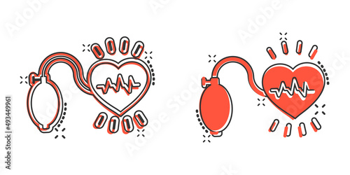 Arterial blood pressure icon in comic style. Heartbeat monitor cartoon vector illustration on isolated background. Pulse diagnosis splash effect sign business concept.