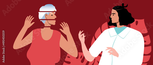 Old woman with mental problems, dementia, schizophrenia or with PTSD, flat vector stock illustration with psychotherapist and victim during psychotherapy