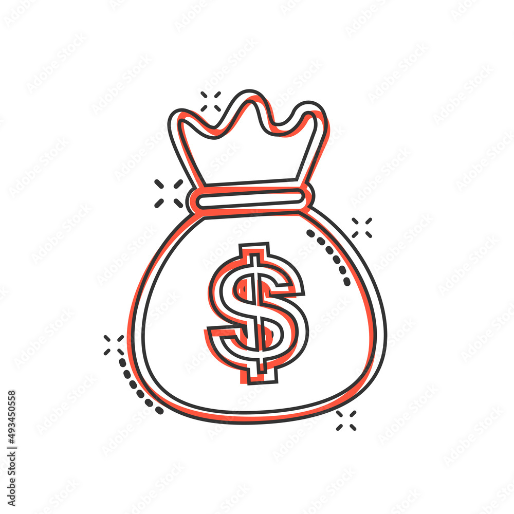 Money bag icon in comic style. Moneybag cartoon vector illustration on isolated background. Coin sack splash effect sign business concept.