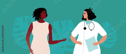 African patient and consultation with doctor, flat vector stock illustration with treatment and medical advice