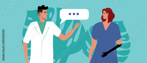 Inclusive patient with prosthesis and consultation with doctor, flat vector stock illustration with visit to hospital for health care