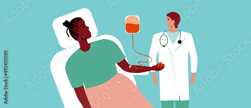African blood donor and doctor in white coat, flat vector stock illusion with dropper, blood donation in clinic