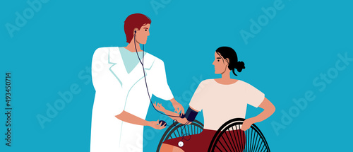 Pressure measurement for disabled person, flat vector stock illustration with patient in wheelchair and doctor