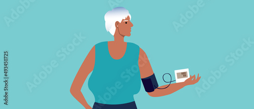 Pressure measurement for elderly woman, flat vector stock illustration with self tone and control of hypertension, arrhythmia