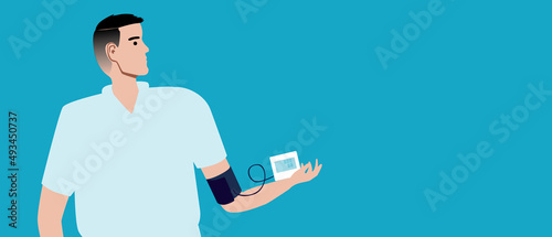 Self-measurement of pressure, copy space pattern, flat vector stock illustration with adult male patient and control of hypertension, hypotension, arrhythmia