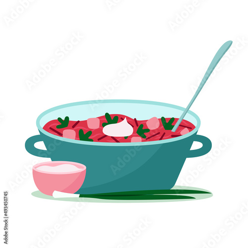 Ukrainian national borscht in bowl vector illustration. Flat vegetarian red color soup with beetroot, potato, cabbage and sour cream. Cartoon eastern european cuisine, organic, healthy homemade food