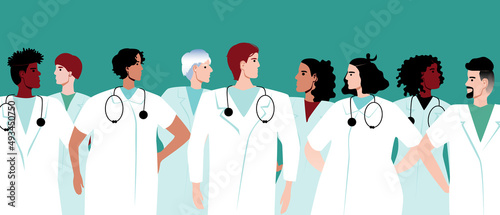 Team of doctors is isolated, flat vector stock illustration with people with stethoscopes, professionals in white coats