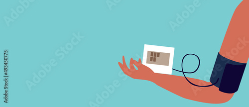 Self-measurement of pressure, flat vector stock illustration modern medical tonometer on hand, copy space pattern