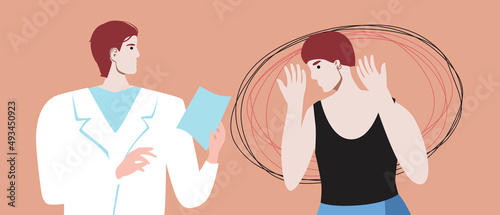 Woman with depression or PTSD, flat vector stock illustration with post-traumatic stress disorder and support of psychotherapist or psychologist