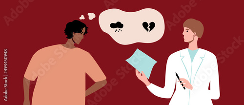 Support and help with PTSD, flat vector stock illustration with psychotherapist and victim, psychotherapy for anxiety, fear