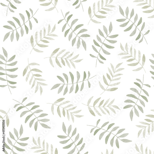Floral summer seamless pattern with fresh green leaves. Watercolor hand drawn isolated illustration border, meadow or floral background for your design.