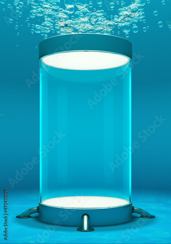technology science experiment laboratory mysterious test tube large glass filled liquid floating bubbles cryogenic hibernation capsule product stand display sci fi research room. 3D Illustration.