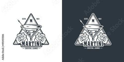 Martini vector cocktail with olives and flowers for alcohol bar. Monochrome design with glass of martini for drink party
