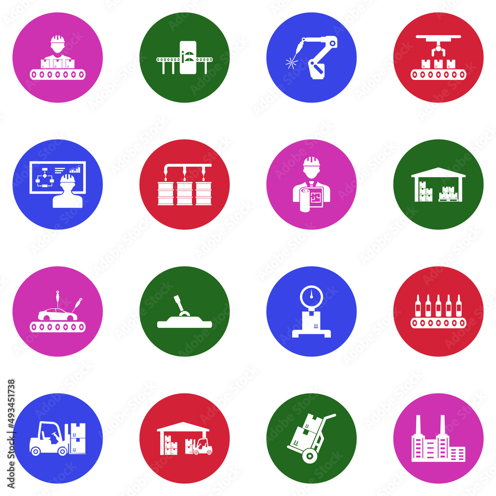 Fototapeta premium Production Line Icons. White Flat Design In Circle. Vector Illustration.