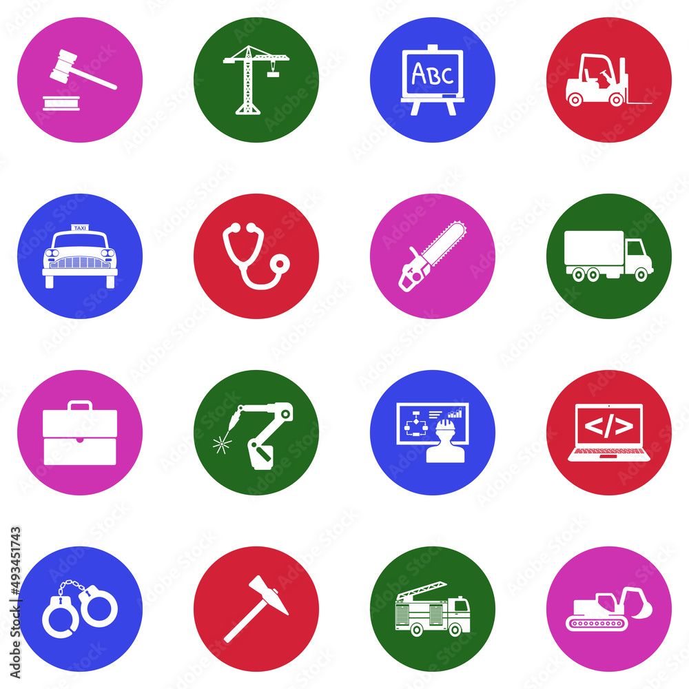 Work Icons. White Flat Design In Circle. Vector Illustration. Work Icons. White Flat Design In Circle. Vector Illustration.
