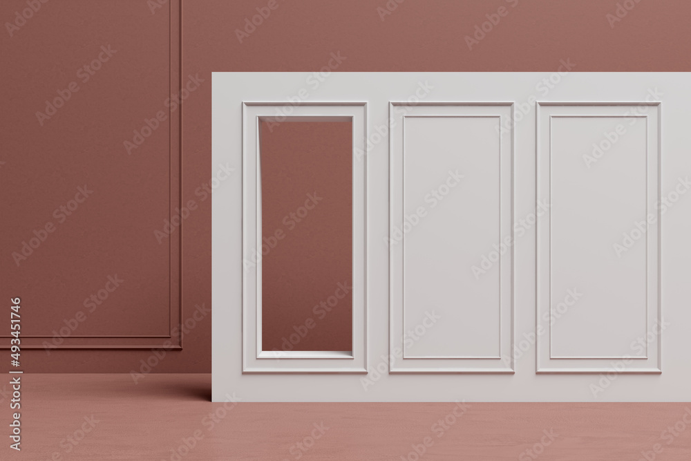 moldings wall partition white cornices panel classic modern trim chair rail batten decorative window see through layer display scene. Studio for photography fashion and product scene. 3D illustration.
