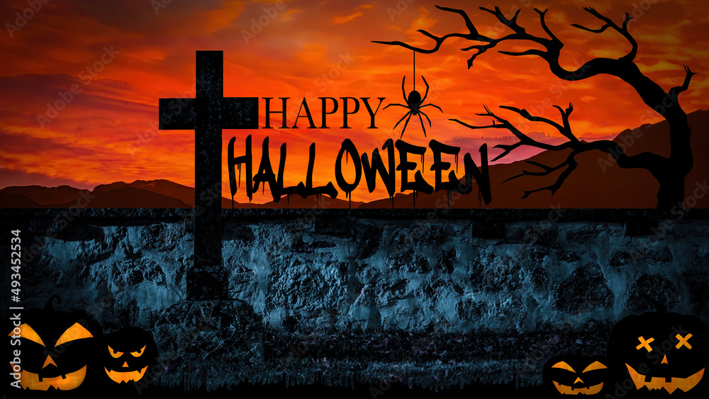 Fototapeta premium Halloween Card Party background - Pumpkins Cross and spider in Graveyard cemetery with orange glowing sky