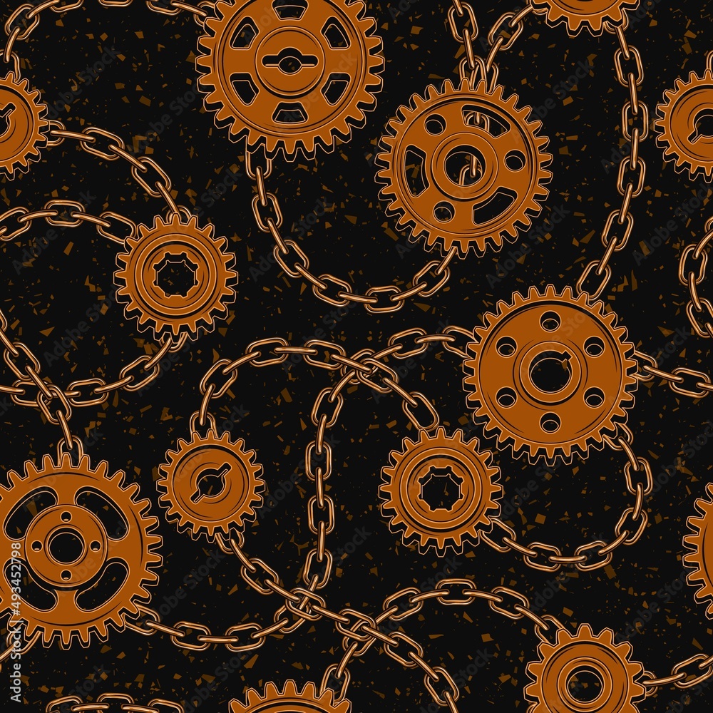 Seamless background with rusty gears, chains on textured black background. Vector illustration in steampunk style.