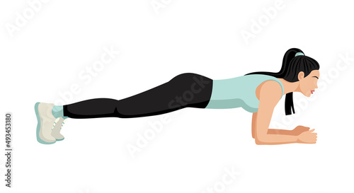 Beautiful athletic woman doing workout, plank. Body workout. Vector illustration isolated on white background