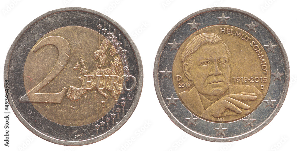 Φωτογραφία Germany - circa 2018 : a 2 Euro coin of Germany with a map of Europe and the por