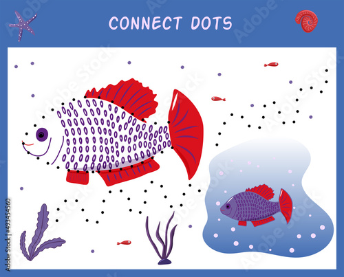 Dot to dot game. Educational puzzle for kids. Animals of underwater. Fish in cartoon style. Isolated cute character