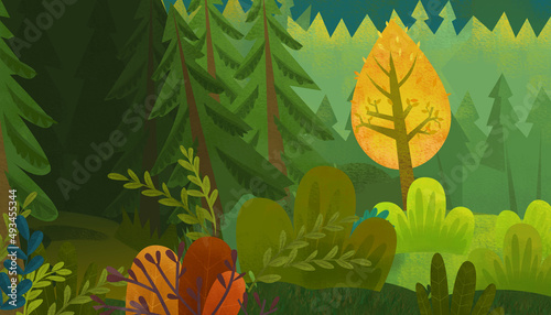 cartoon scene with nature forest and animal birds