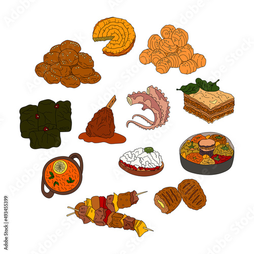 Hand drawn traditional Greece cuisine dish and desserts set. Design sketch element for menu cafe, bistro, restaurant, bakery, packaging, flyer or poster. Vector colorful illustration.