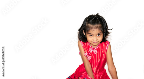 Asian Short hair girl sitting on white background isolated
