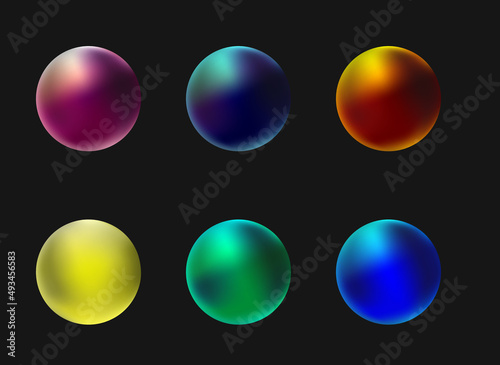 Neon colored pearl icon set, vibrant mesh gradient sphere vector collection, abstract round shape, shiny jewel gem glass. Bright blue, gold, green bubble.