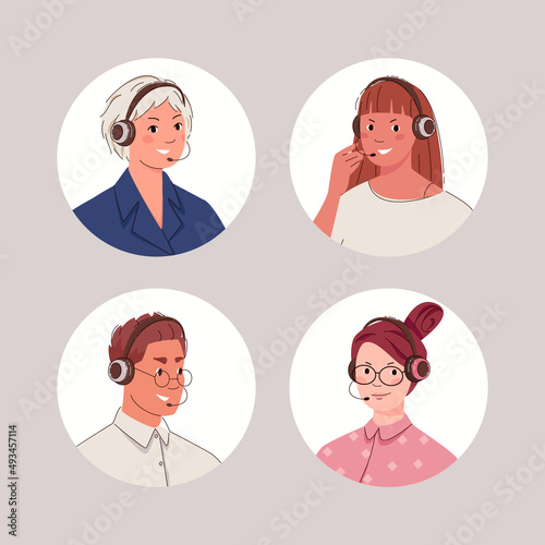 Customer service representative, hotline operators advise client. Call processing system. Vector flat cartoon illustration with set of avatars of people in headphones with microphone.