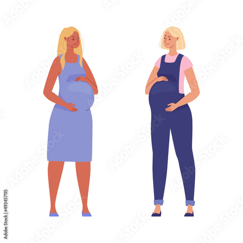 Beautiful pregnant women hugging their big bellies. Illustration. Vector in a flat cartoon style.