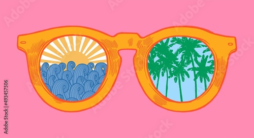 Tropical sunglasses with sunset on the sea and tropical palm-trees in lenses. Isolated vector illustration.