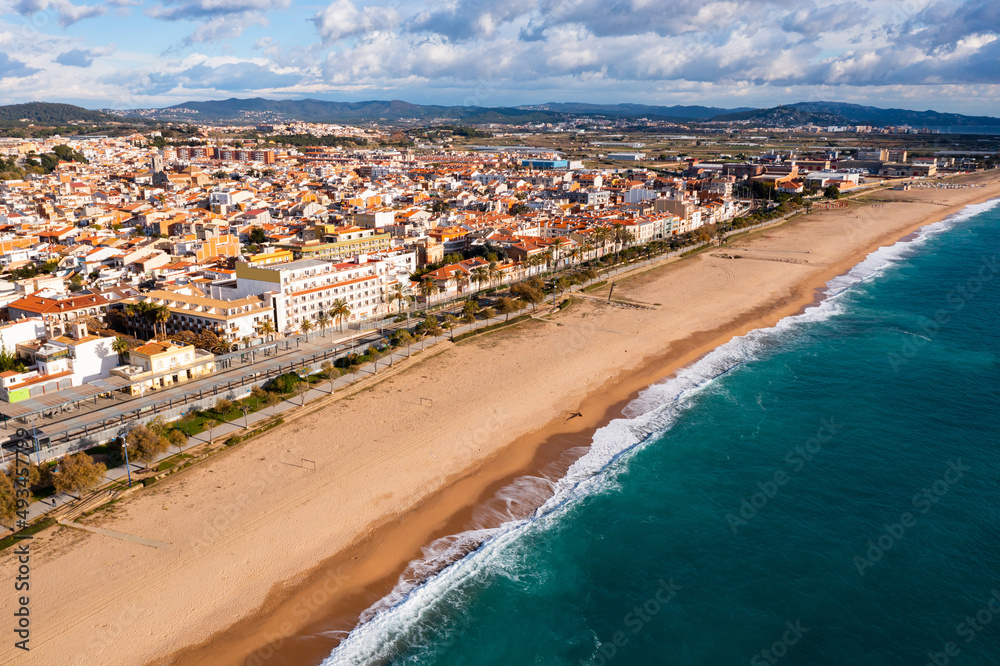 Obraz premium Aerial photo of Mediterranean coast in Malgrat de Mar, Catalonia, Spain.