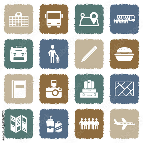 School Trip Icons. Grunge Color Flat Design. Vector Illustration.