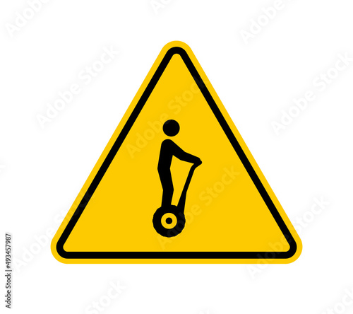 Vector yellow triangle sign - black silhouette figure riding on a segwai. Isolated on white background.