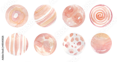 A set of hand-drawn watercolor circles. Delicate colors, peach colors, pink, beige circles isolated on white background.