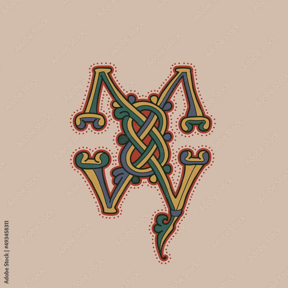 Medieval initial X letter logo made of twisted and spiral pattern.