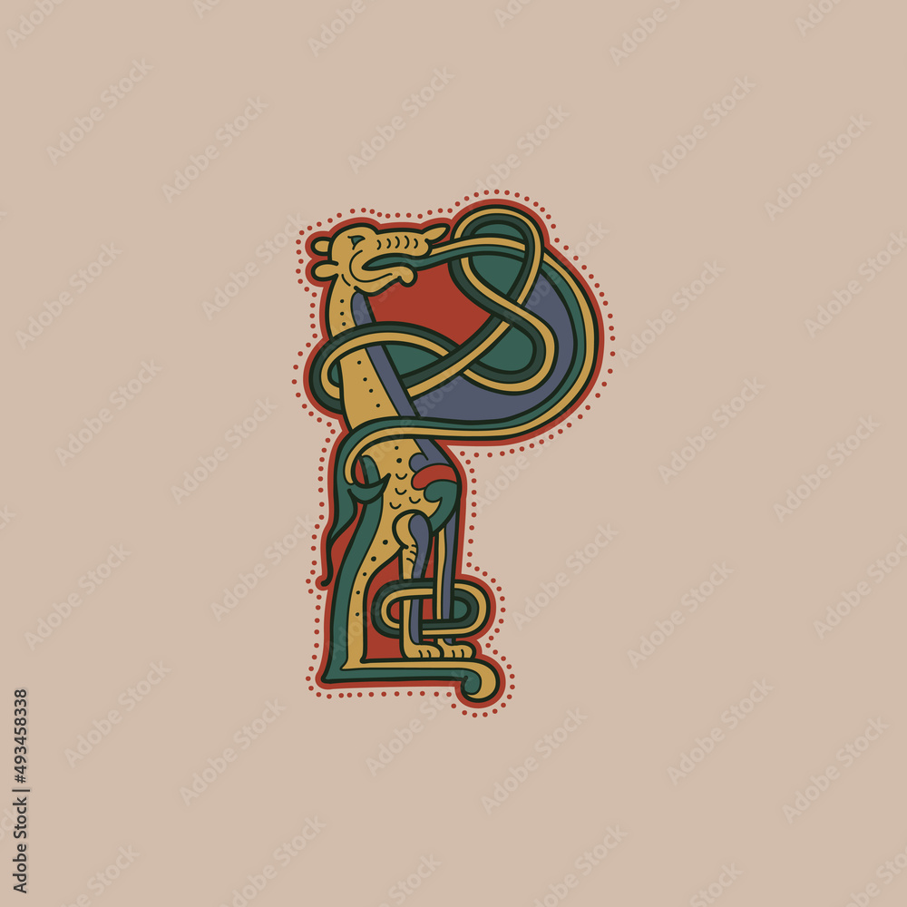 Medieval initial P letter logo made of twisted beast and spiral pattern. Medieval initial P letter logo made of twisted beast and spiral pattern.