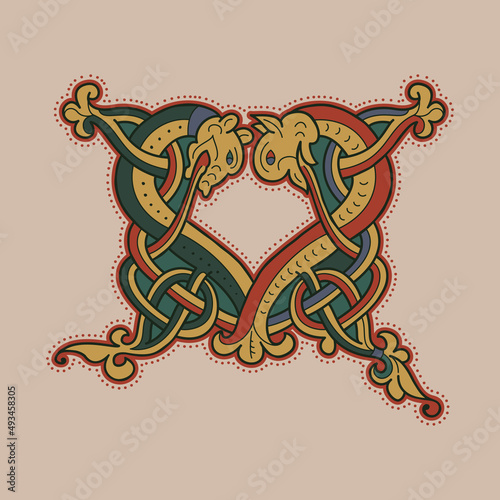 Medieval initial M letter logo made of twisted beast and spiral pattern.