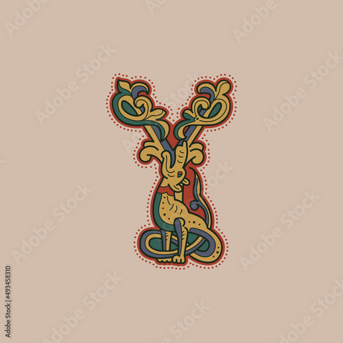 Medieval initial Y letter logo made of twisted beast and spiral pattern.