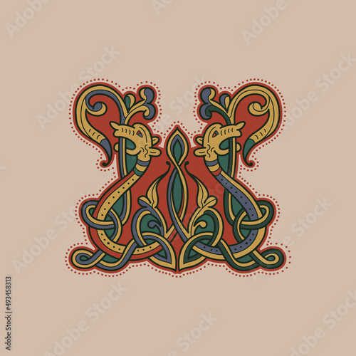 Medieval initial W letter logo made of twisted beast and spiral pattern.