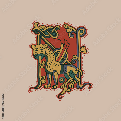 Medieval initial N letter logo made of twisted lion beast, and spiral pattern.